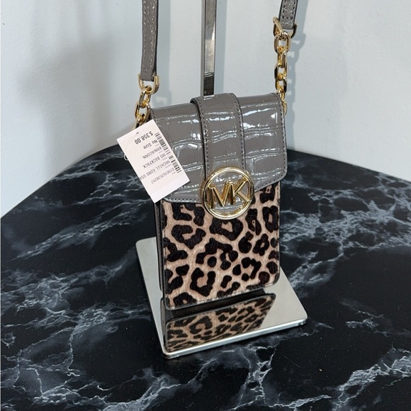 MICHAEL KORS Leopard Shoulder Crossbody Bag Gray Brown Leather AUTHENTIC NWT - Picture 3 of 10